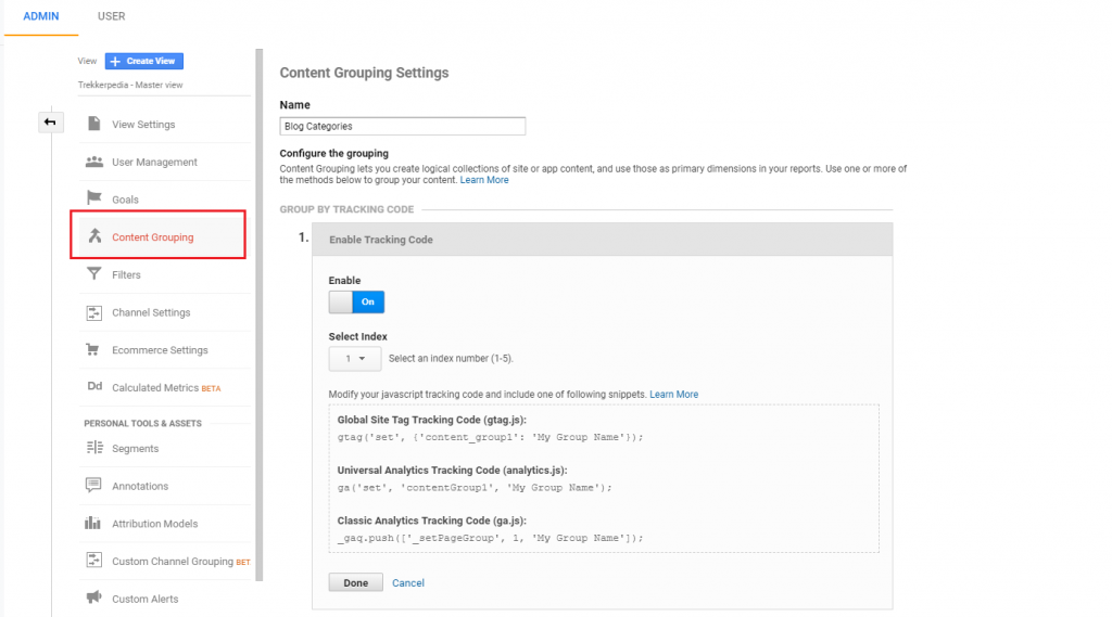 Content Group Settings in the Google Analytics