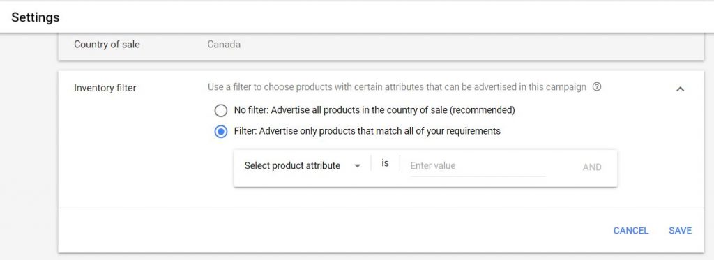 Inventory Filter Google PLAs