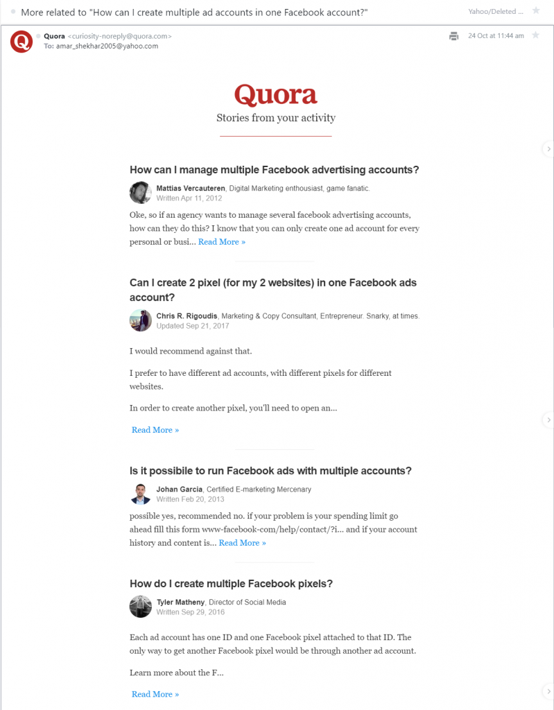 Search Intent Targeted Email From QUora