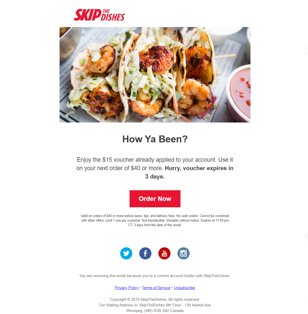 Winback Email from Skip the dishes